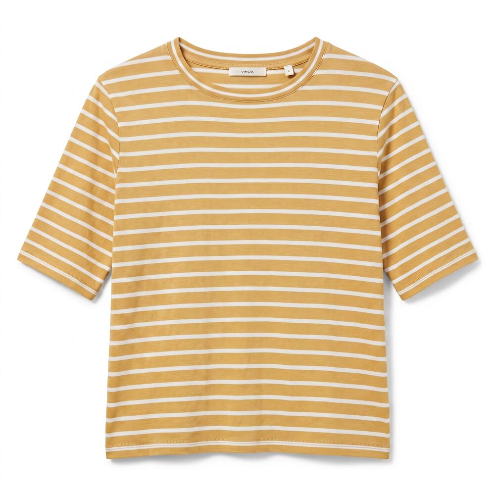Vince Women Small 100% Cotton Crewneck T Shirt Tan White Striped Coastal Cropped